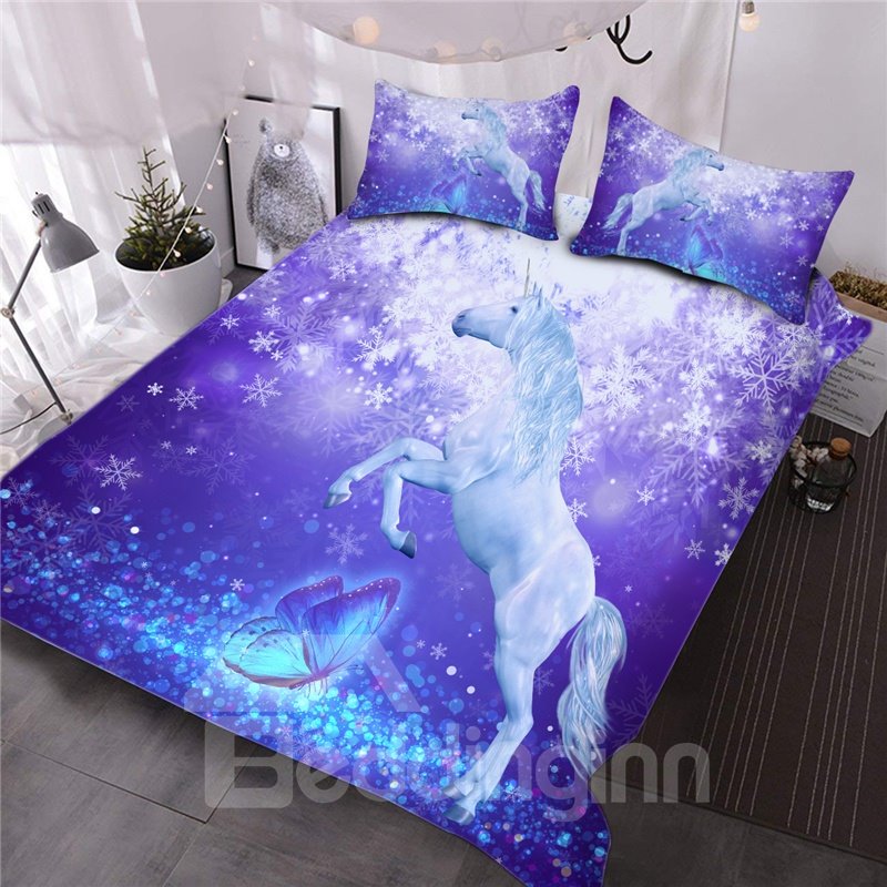 3D Unicorn and Butterfly Print 3-Piece Comforter Set/Bedding Set Purple (King)