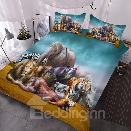 Natural African Safari Animals Printed 3-Piece 3D Comforter Set Colorfast Wear-resistant Endurable Skin-friendly All-Sea (King)