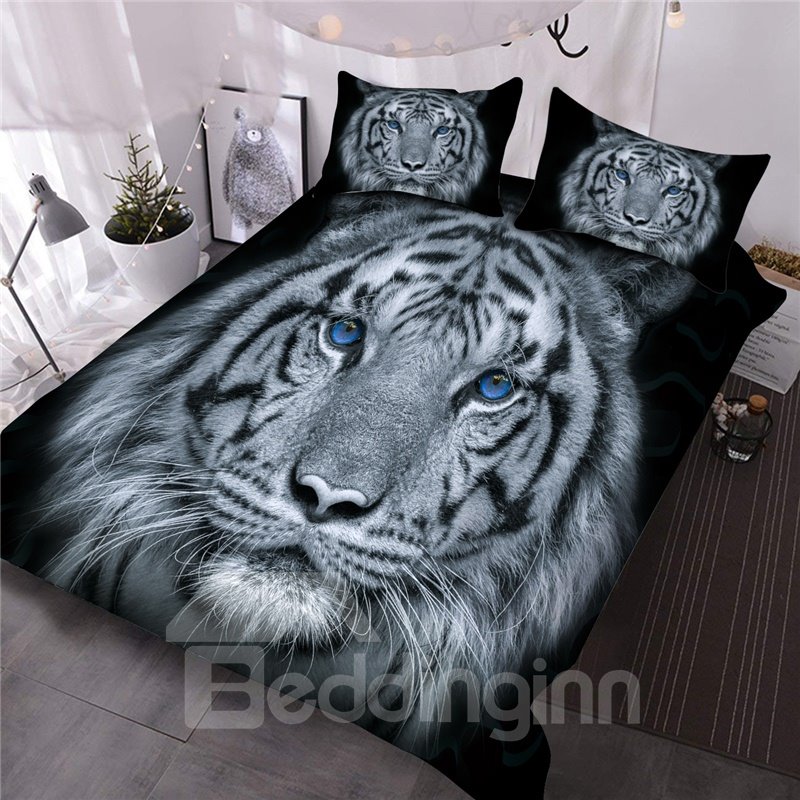 Tiger with Blue Eyes Printed 3-Piece Animal 3D Comforter Set/Bedding Set No-fading Microfiber Queen King Size (Queen)