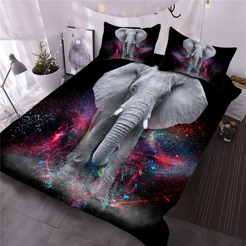Elephant and Galaxy 3D Printed 3-Piece Comforter Set/Bedding Set 1 Comforter 2 Pillowcases Queen King Sizes (Queen)