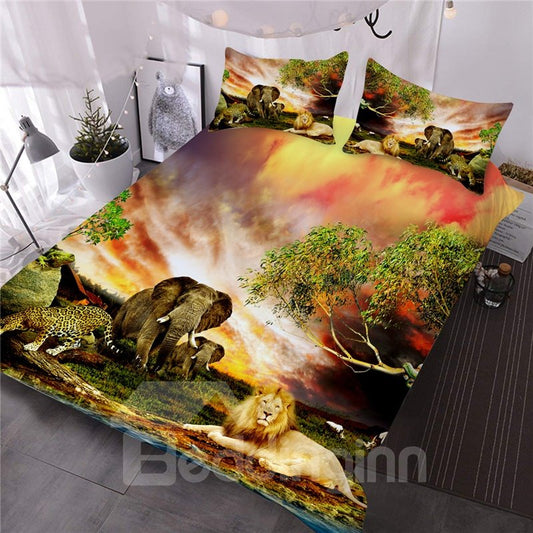 African Animals Flaming Clouds Natural Scenery 3-Piece 3D Comforter Set Ultra-soft Microfiber Bedding Set (King)