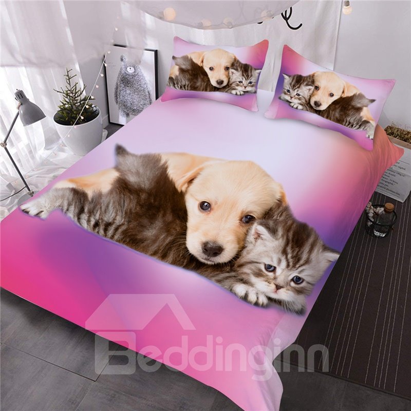 Puppy and Cat Good Friends 3D Printed 3-Piece Comforter Set All-Season Ultra-soft No-fading Microfiber Pink (Queen)