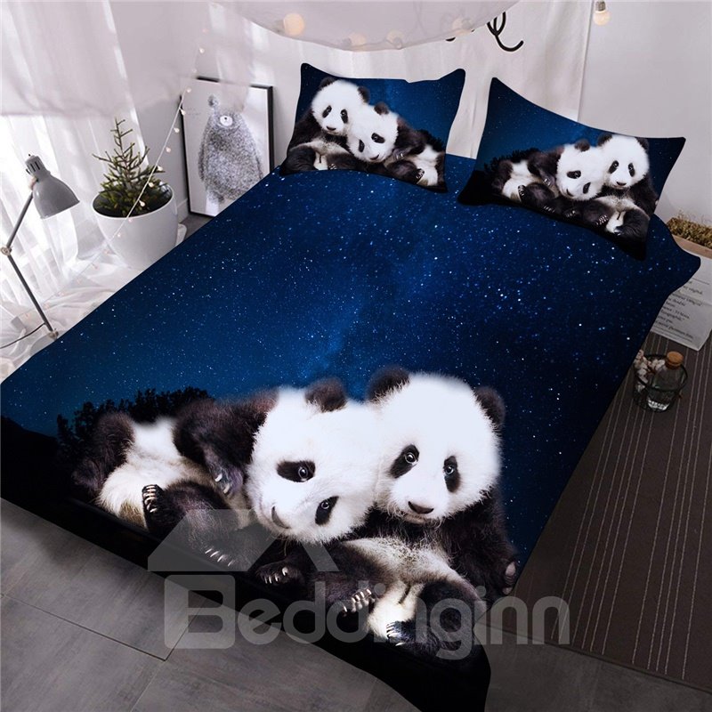 Panda and Blue Galaxy Printed 3-Piece 3D Comforter Set/Bedding Set 1 Comforter 2 Pillowcases Queen King Sizes (Queen)
