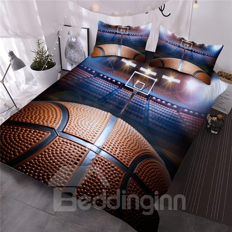 Basketball Court 3D Printed 3-Piece Sporty Comforter Set/Bedding Set For Boys Ligntweight No-fading Comforter for All Se (Twin)