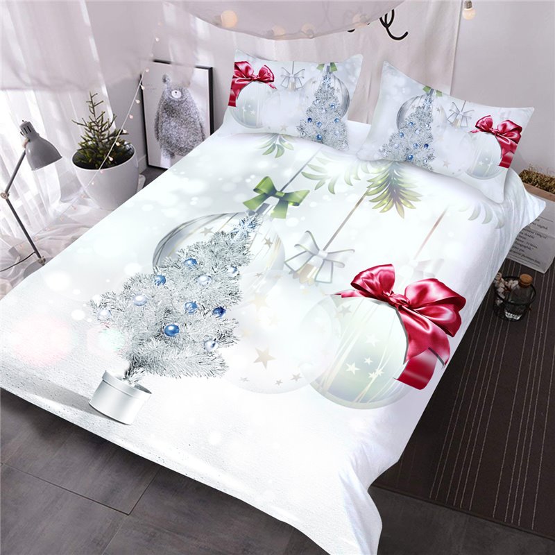 Silvery Christmas Tree and Ornaments Printed 3-Piece 3D Comforter Set/Bedding Set (Queen)
