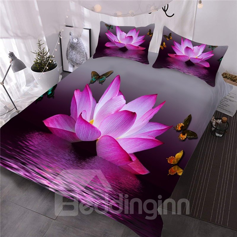 Pink Lotus and Butterfly 3D Comforter Set 3 Pieces Bedding Set Microfiber Lightweight No-Fading Comforter with 2 Pillowc (King)