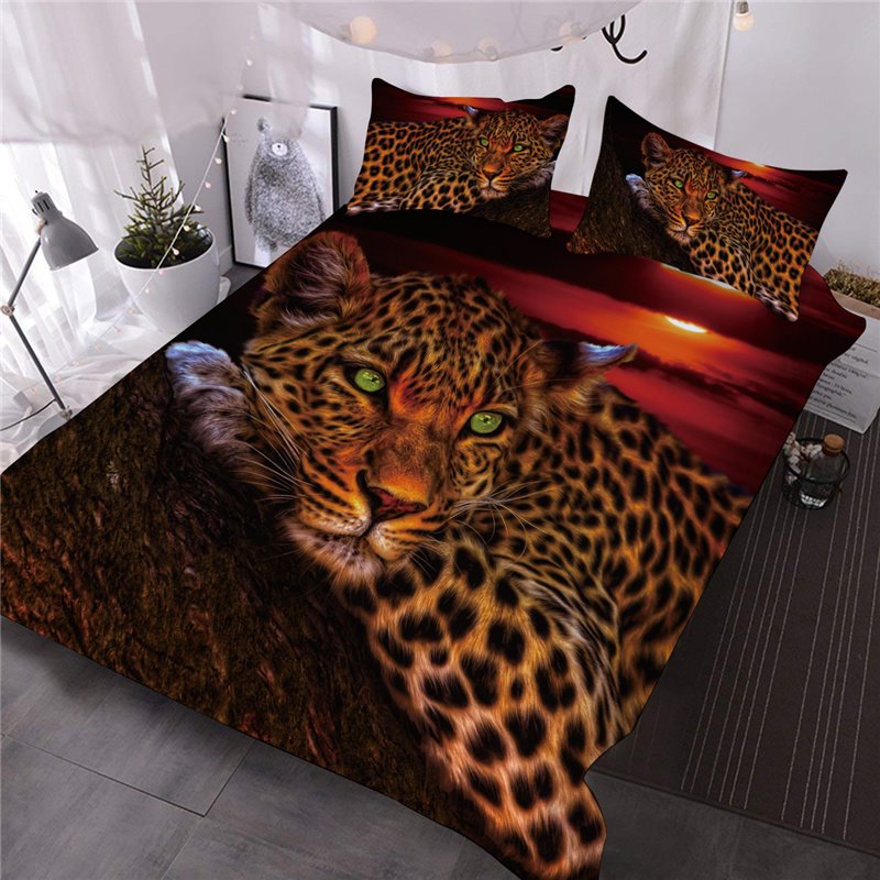 Wild Leopard Lying on the Trunk Printed 3-Piece 3D Comforter Set Lightweight Warm Soft Feather Fabric Microfiber Bedding (King)