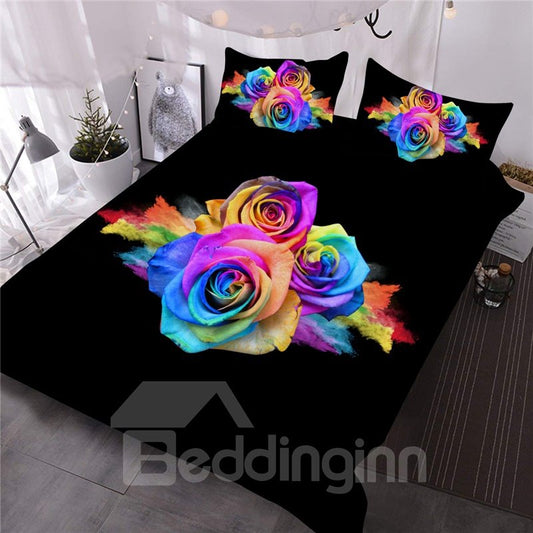 Flaming Rose Printed 3-Piece 3D Steady Comforter Set Black Bedding Set (Queen)