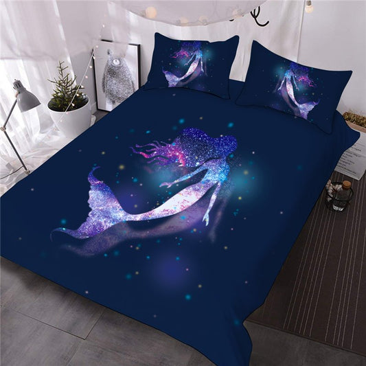 Purple Galaxy Mermaid 3D Animal Print 3-Piece Warm Comforter Set/Bedding Set (Queen)