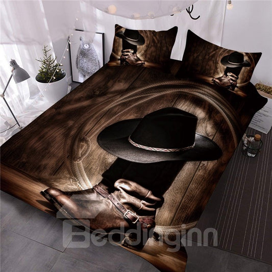 Wild West Themed Cowboy Hat and Boots 3D Printed 3-Piece Comforter Sets Lightweight Warm Soft Microfiber Bedding (Queen)