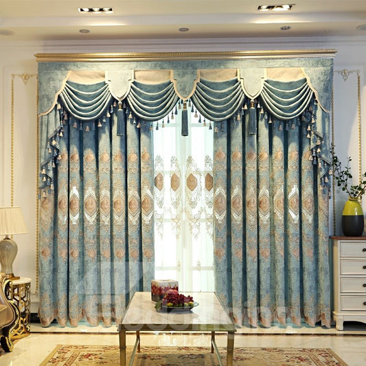 Vintage Black Out Embroidery Teal Curtains for Living Room Bedroom Window with Classy Durable Chenille Physically Blocks (84W*63"L
