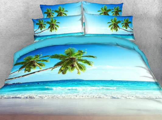 Palm Tree and Sea 4-piece Bedding Set 3D Scenery Duvet Cover with Non-slip Ties Blue (Queen)