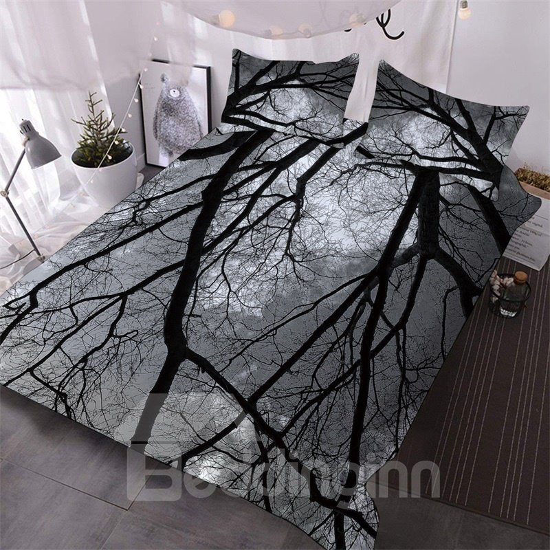 Dark Style Black Branches Printed 3-Piece Comforter Set /Bedding Set 2 Pillowcases 1 Comforter Microfiber (Queen)