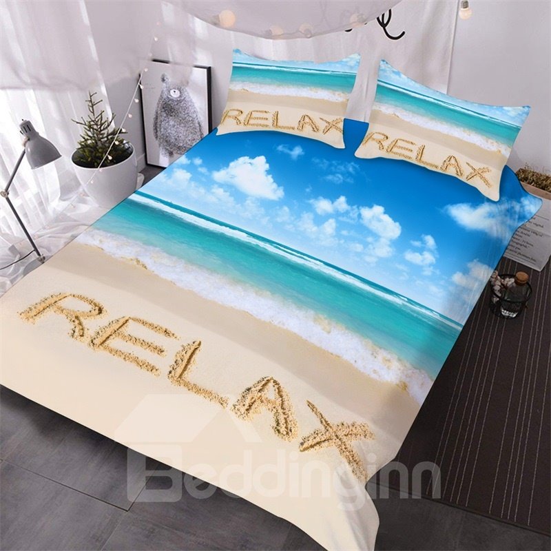 Relax Beach Printed 3-Piece Comforter Set Sea Scenery Bedding Set Microfiber Blue (Queen)