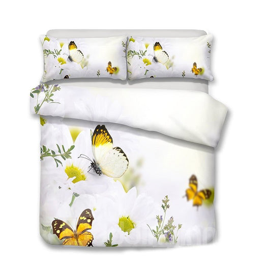 Yellow Butterflies On White Daisy Printed 3-Piece Bedding Sets/Duvet Covers (180*210cm)