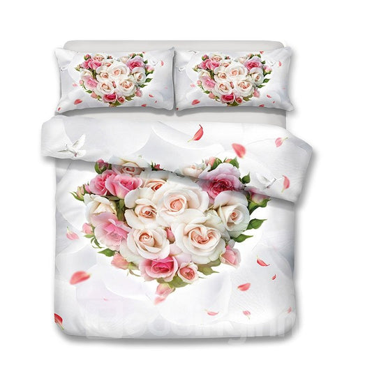 Pink Roses And Champagne Roses In A Heart Shape Printed 3-Piece Bedding Sets/Duvet Covers (228*228cm)