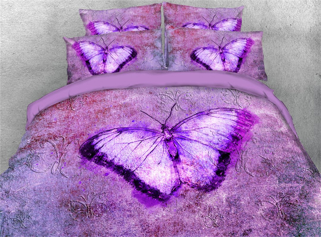 Purple Butterfly 4 Piece Duvet Cover Set 3D Bedding Ultra Soft Comforter Cover with Zipper Closure and Corner Ties 2 Pil (King)
