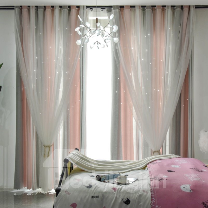 Pink and Grey Vertical Stripe Cloth and White Voile Sewing Together Blackout Curtains (144W*84"L)
