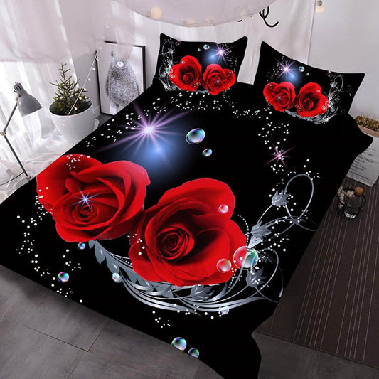 Romantic Red Roses 3D Comforter 3-Piece Bedding Set with 2 Pillowcases Warm Soft Microfiber Black (Full)