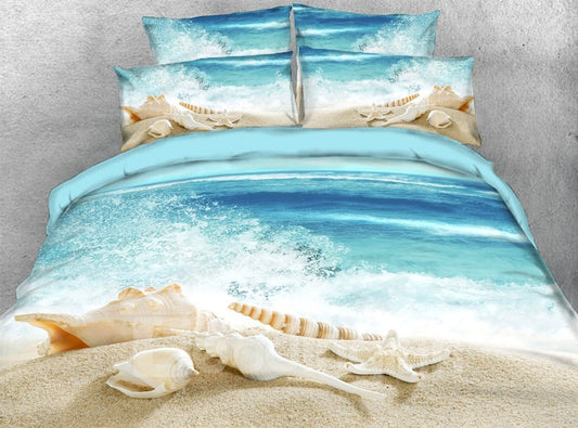 Shells on The Beach 3D 4-Piece Scenery Bedding Set/Duvet Cover Set Endurable Skin-friendly Ultra-soft Microfiber Blue (King)