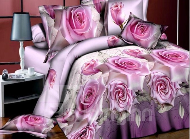 Noble Pink Rose 3D Printed 4-Piece Polyester Duvet Cover (Full)