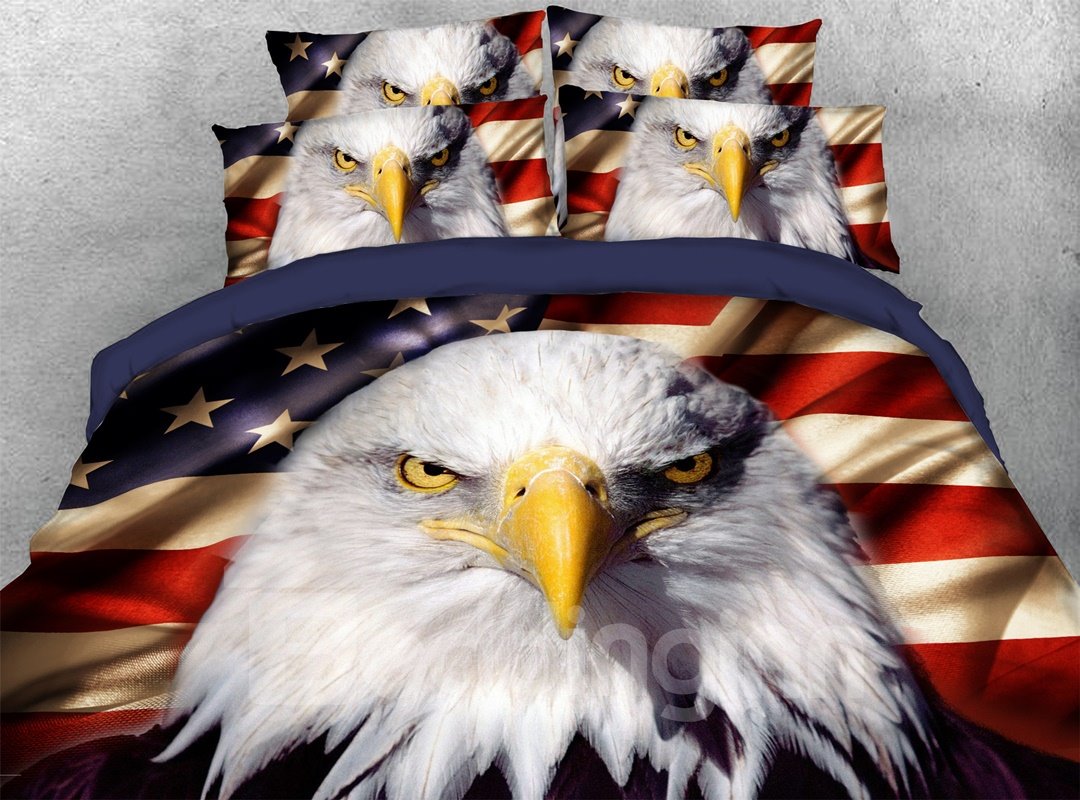 American National Flag with Eagle Print 3D 4 Pieces Duvet Cover Set United States Bedding Set (Queen)