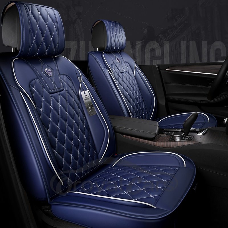 Waterproof Durable Unfading Wear-Resistant High-Class Leather Pure Color With White Cross Lines Design 5 Seats Universal