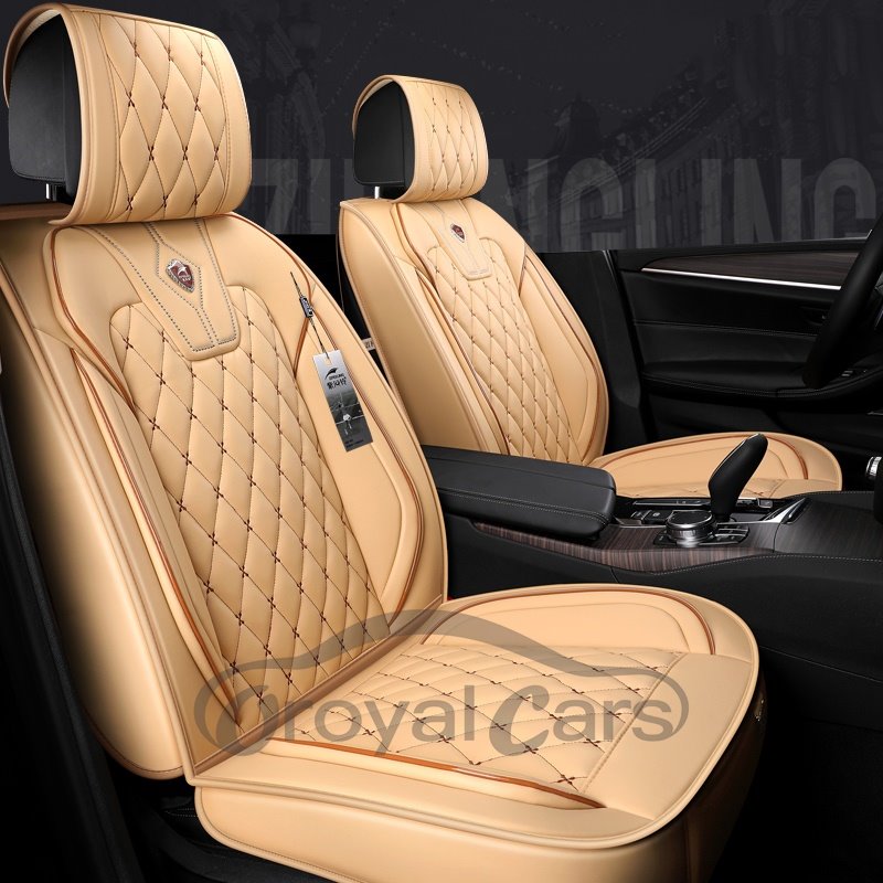 Waterproof Durable Unfading Wear-Resistant High-Class Leather Pure Color With White Cross Lines Design 5 Seats Universal