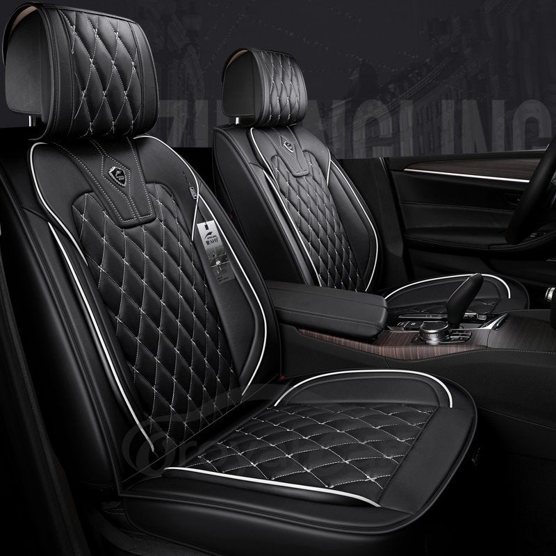 Impermeable, duradero, resistente al desgaste, cuero de alta calidad, color puro con diseño de líneas cruzadas blancas, 5 asientos universales 