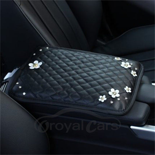 Practical Relaxing Studded Rhinestone And Artificial Flower Car Central Armrest Pad