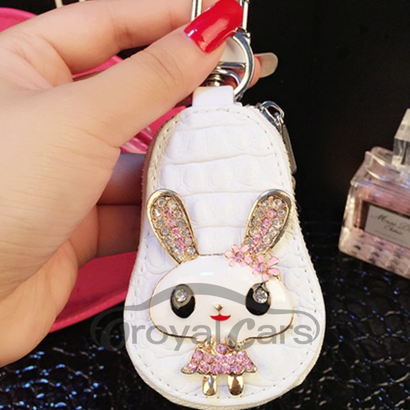 Rabbit Design Genuine Leather Women Diamond Car Zipper Key Case