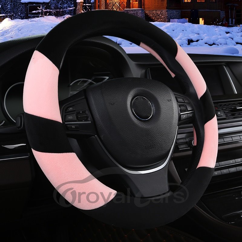 Concise Designed Dual Colored Stripe Soft Short Plush Car Steering Wheel Cover