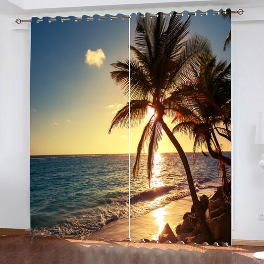 3D-Fenstervorhänge mit Sonnenuntergang, Strand, Landschaft, Digitaldruck, moderner Polyester, verdunkelnd, wasserdicht, dekorativer Vorhang (80 W x 84 Zoll L) 