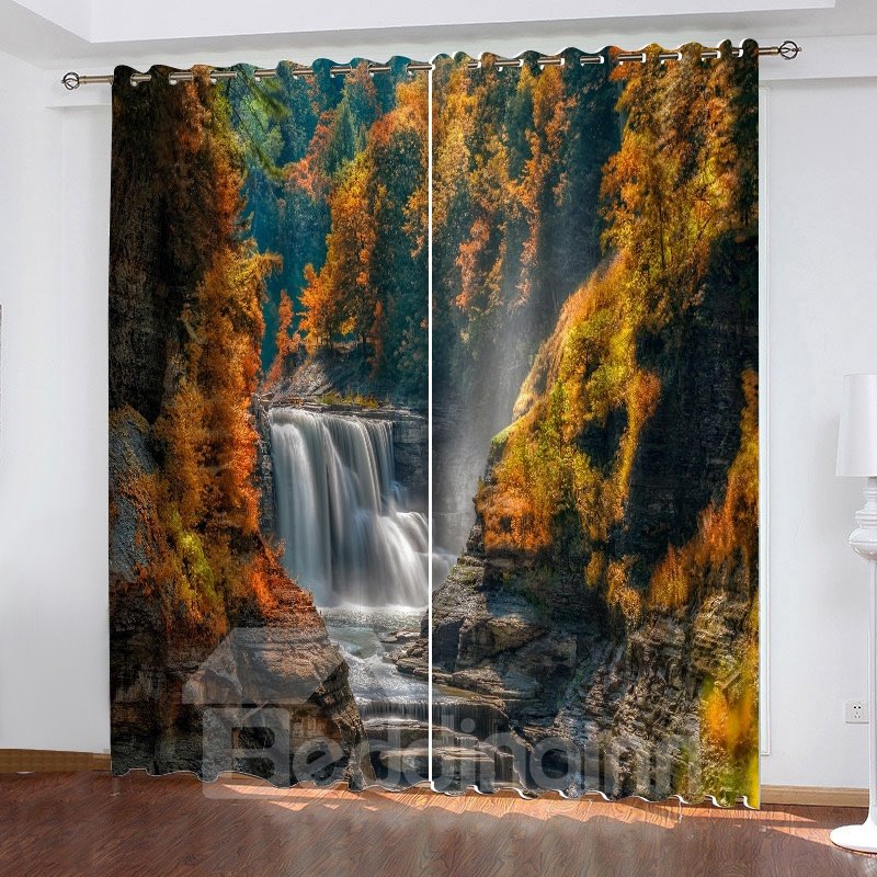 3D Waterfall Scenery Blackout and Heat-Proof Curtain Online 80W*84L inches Medium Polyester Shading Effect and Anti-ultr (104W*84"