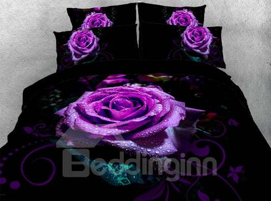 3D Purple Roses Bedding 4-Piece Duvet Cover Set Black Skin-friendly Microfiber (King)