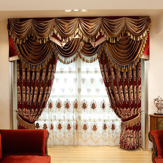 Cortinas opacas de chenilla gruesa de lujo, cortinas bordadas en color burdeos para sala de estar y dormitorio, hechas a medida, sin pelusas, no F (144W*96"