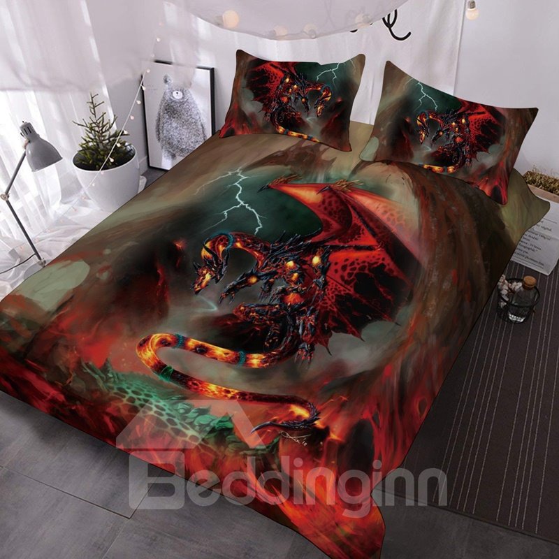 3D Fire Dragon Animal Printed 3-Piece Comforter Set/Bedding Set Colorfast Wear-resistant Endurable Skin-friendly All-Sea (Full)