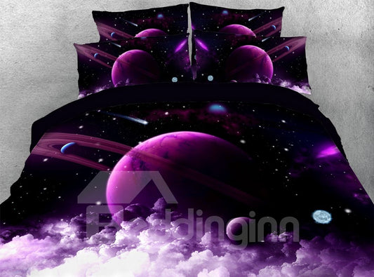 Purple Galaxy Duvet Cover Set 3D Printed 4-Piece Universe Bedding Set Microfiber (Queen)