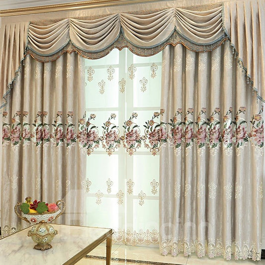 European Floral Shading Curtains Noble and Elegant Embroidered Chenille Blackout Custom Grommet Curtains Living Room Bed (100W*84"