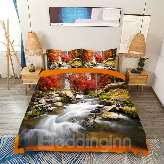 Natural Landscape 3D Autumn Creek Duvet Cover Set 4-Piece Scenery Bedding Set (Queen)