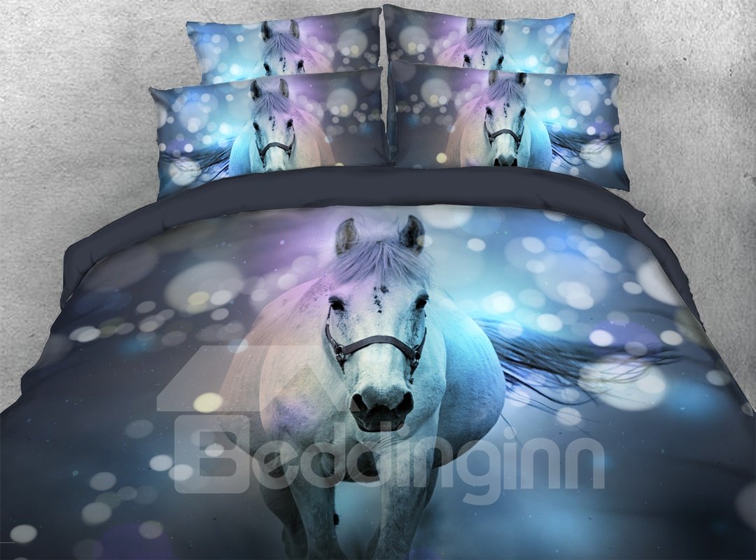 White Horse 3D Duvet Cover Set 4-Piece Animal Bedding Set (Queen)