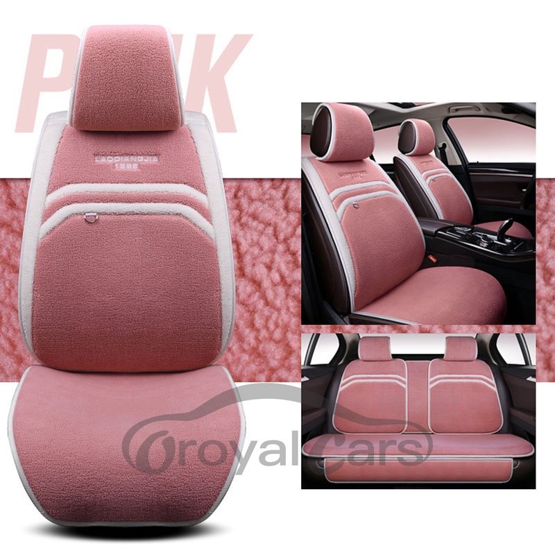 SHORT FLOSS Pink Purple Gray Khaki Beige Brown 5 Seats Winter Thicken Warm Universal Fit Seat Cover