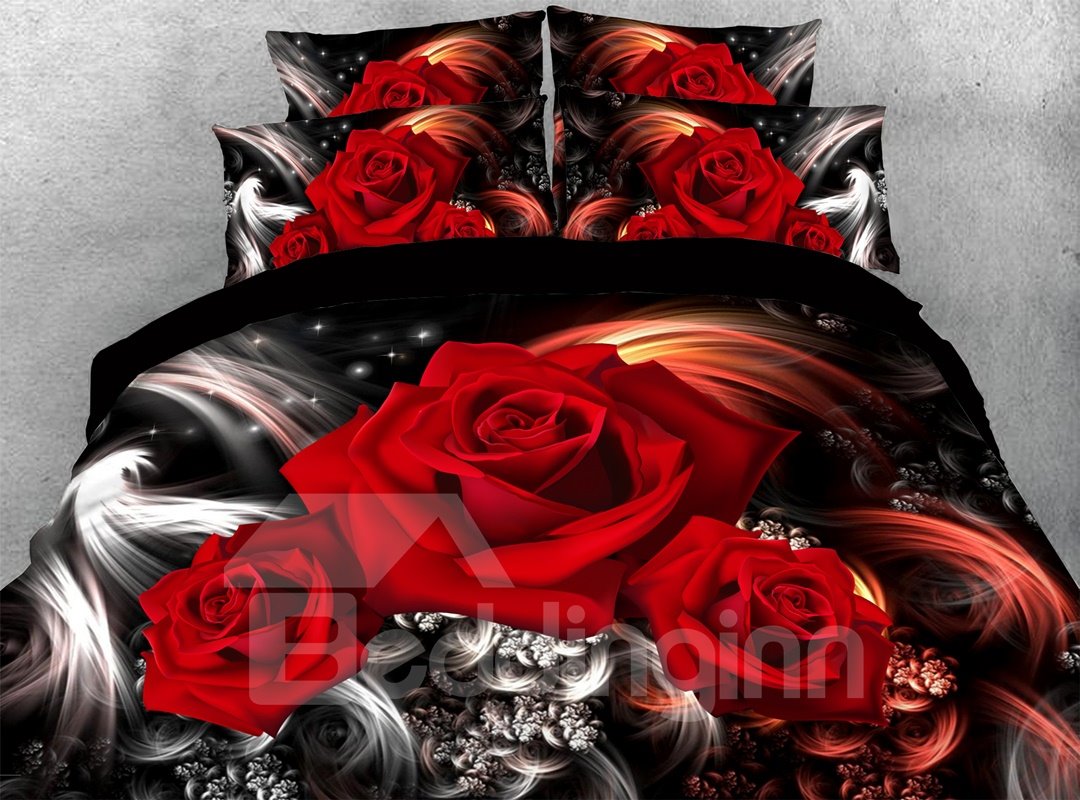 3D Romantic Red Roses 5-Piece Comforter Set Soft Lightweight Warm Floral Comforter/Bedding Set Microfiber (Queen)