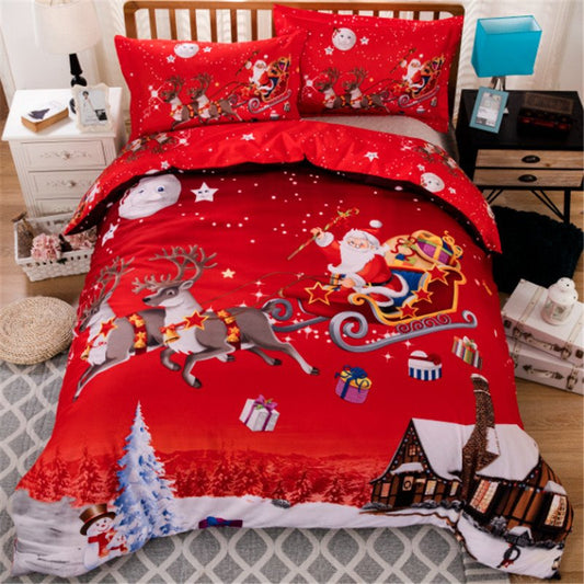3D Christmas Bedding 3-Piece Set Red Bedding Santa Claus and Reindeer 1 Duvet Cover 2 Pillowcases Happy New Year Gift Re (Twin)