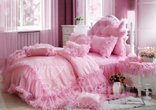 Cinderella Lace Pure Color Cotton 4-Piece Bedding Sets/Duvet Cover (Twin)