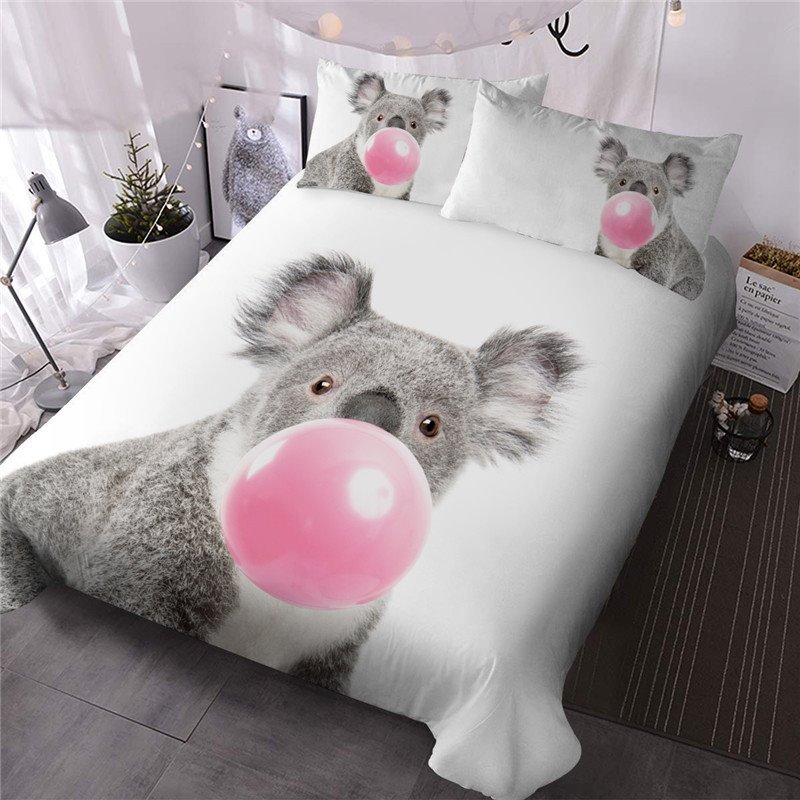 Bubbling Koala Simple Style Reactive Printing Polyester Three-Piece Set Including 1 Comforter and 2 Pillowcases (Full)