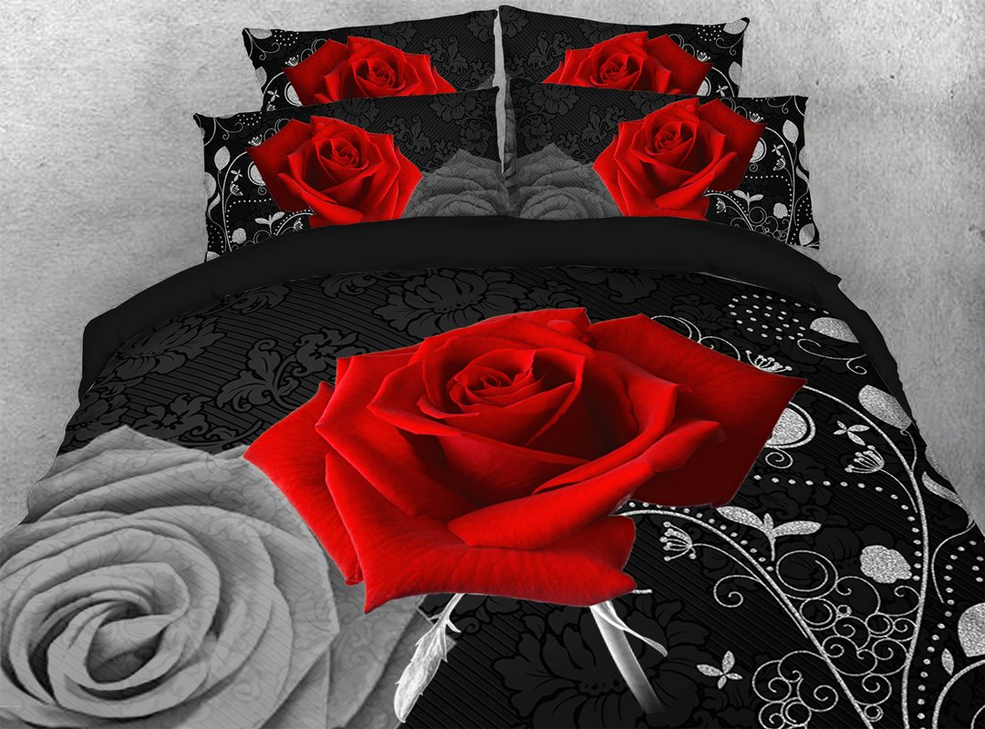 Romantic Red Rose 3D Durable 4pcs Bedding Sets No-fading Soft Reactive Printing Zipper Duvet Cover with Ties (Full)