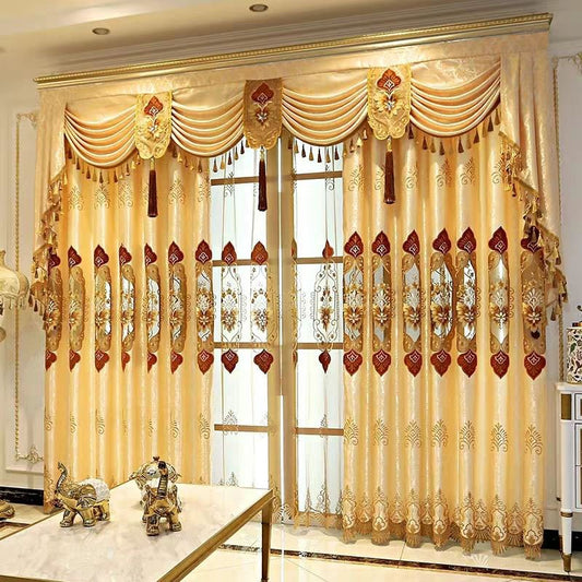 Luxury Floral Embroidery Hollowed-out Blackout Curtains for Living Room Custom 2 Panels Gold Drapes No Pilling No Fading (144W*84"