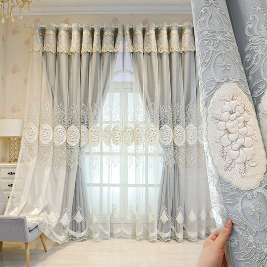 Floral Embroidery Window Curtain Set European Double Curtain Sheer and Lining Blackout Curtains for Living Room Bedroom (84W*96"L)