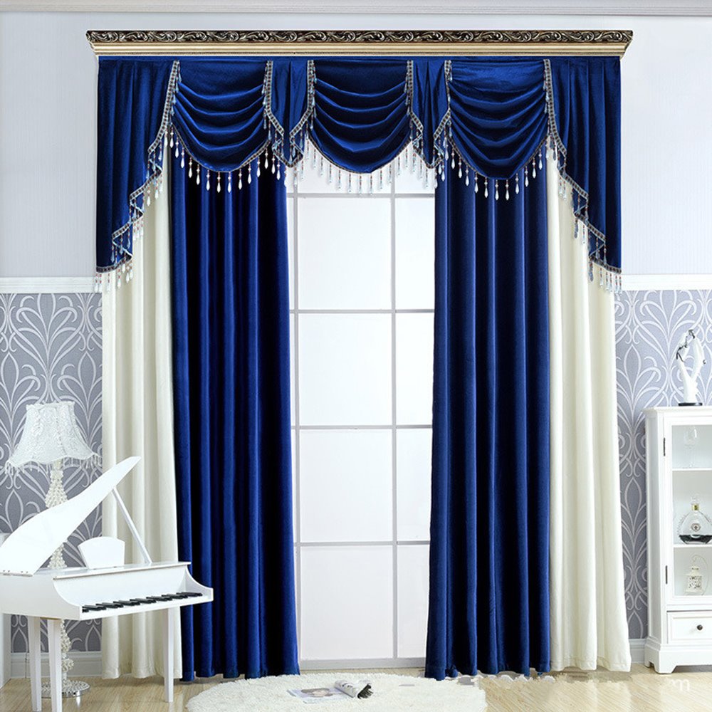 Luxury European Grommet Shading Curtains Blue and White Flannelette Blackout Custom 2 Panels Drapes for Living Room Bedr (84W*84"L